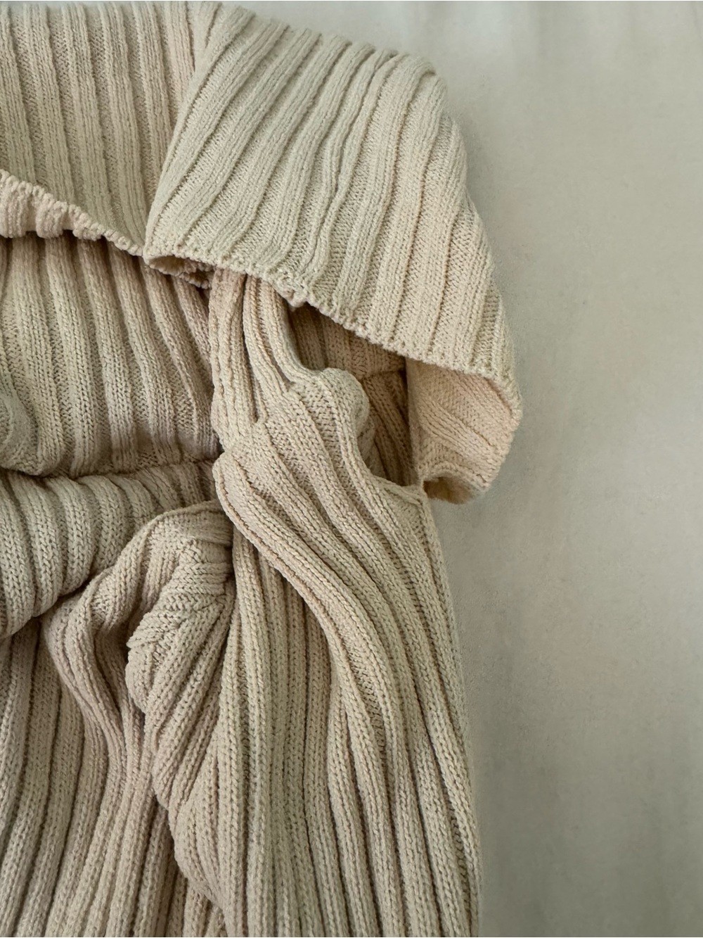 Off-Shoulder Ribbed Sweater in Beige - Picture 3 of 4